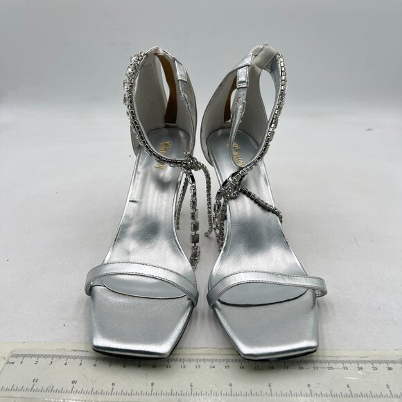 Wansseny Silver Gorgeous Rhinestone Ankle Strap Open Square Toe Back Zip Sandals - Picture 3 of 8
